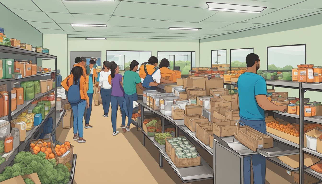 A bustling food pantry in Gonzales County, Texas, with volunteers distributing free groceries to residents in need