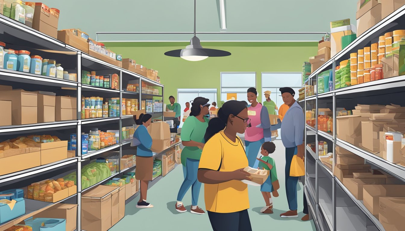 A bustling food pantry with people receiving free groceries in Howard County, Texas