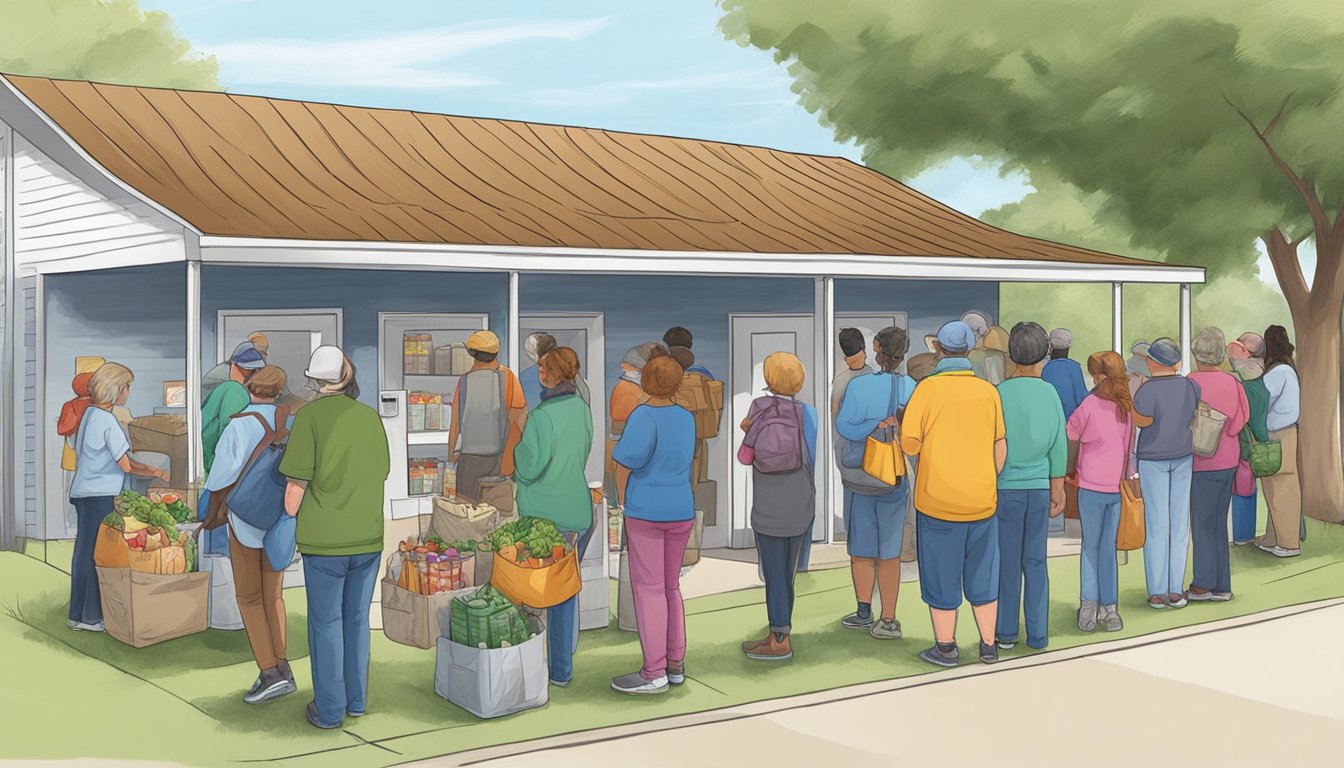 A line of people waits outside a small food pantry in Hopkins County, Texas. Volunteers hand out bags of groceries to those in need