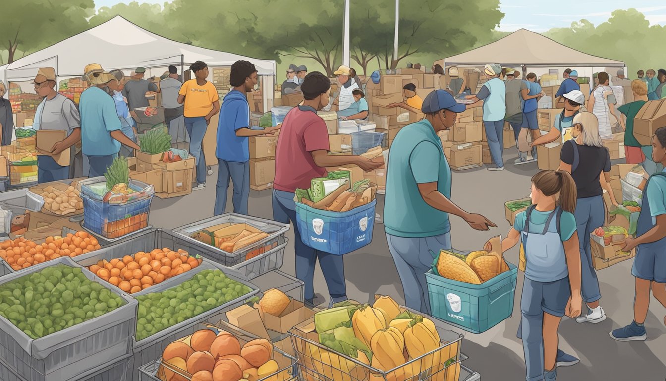 A bustling food pantry in Hopkins County, Texas, with volunteers distributing free groceries to those in need