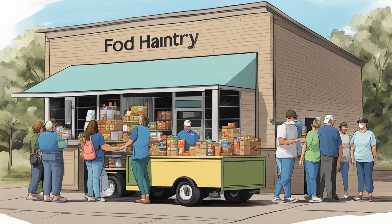 A small, bustling food pantry in Hopkins County, Texas, with volunteers handing out bags of groceries to those in need