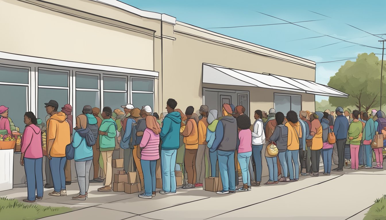 A line of people wait outside a food pantry in Gregg County, Texas, as volunteers distribute free groceries to those in need