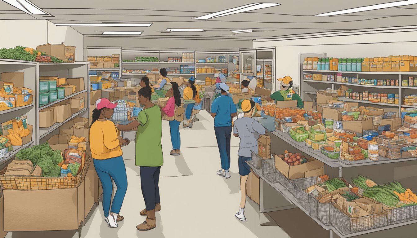 A bustling food pantry in Hunt County, Texas, with volunteers distributing free groceries to those in need