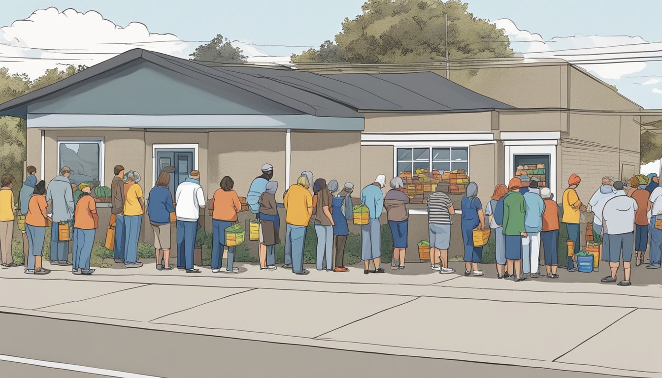 A line of people waiting outside a food pantry in Hopkins County, Texas. Volunteers distribute free groceries to those in need