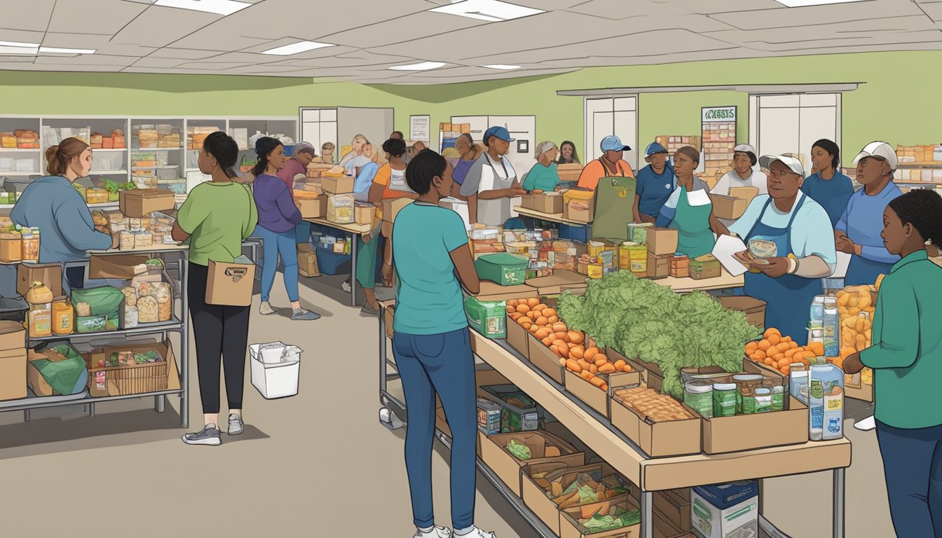 A bustling food pantry in Hopkins County, Texas, with volunteers distributing groceries to those in need