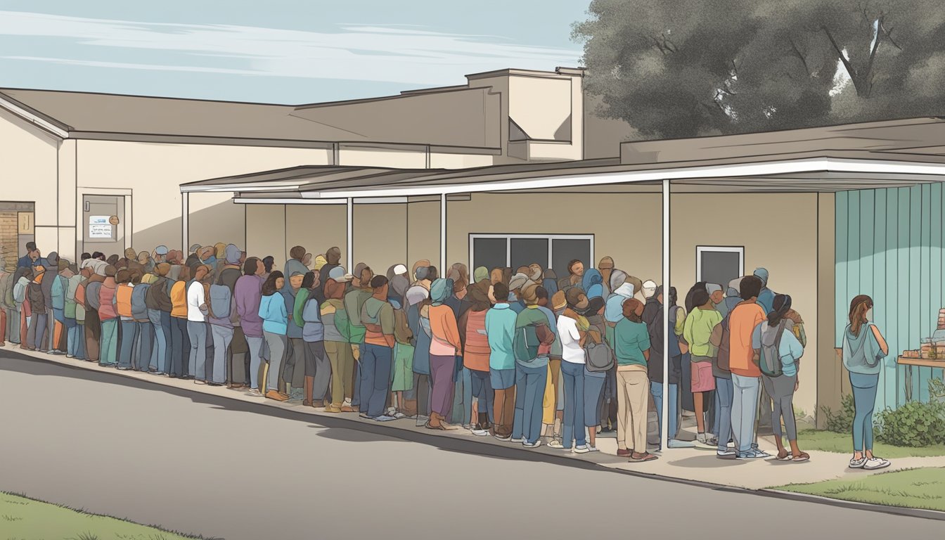 A line of people wait outside a food pantry in Gregg County, Texas. Volunteers distribute free groceries to those in need