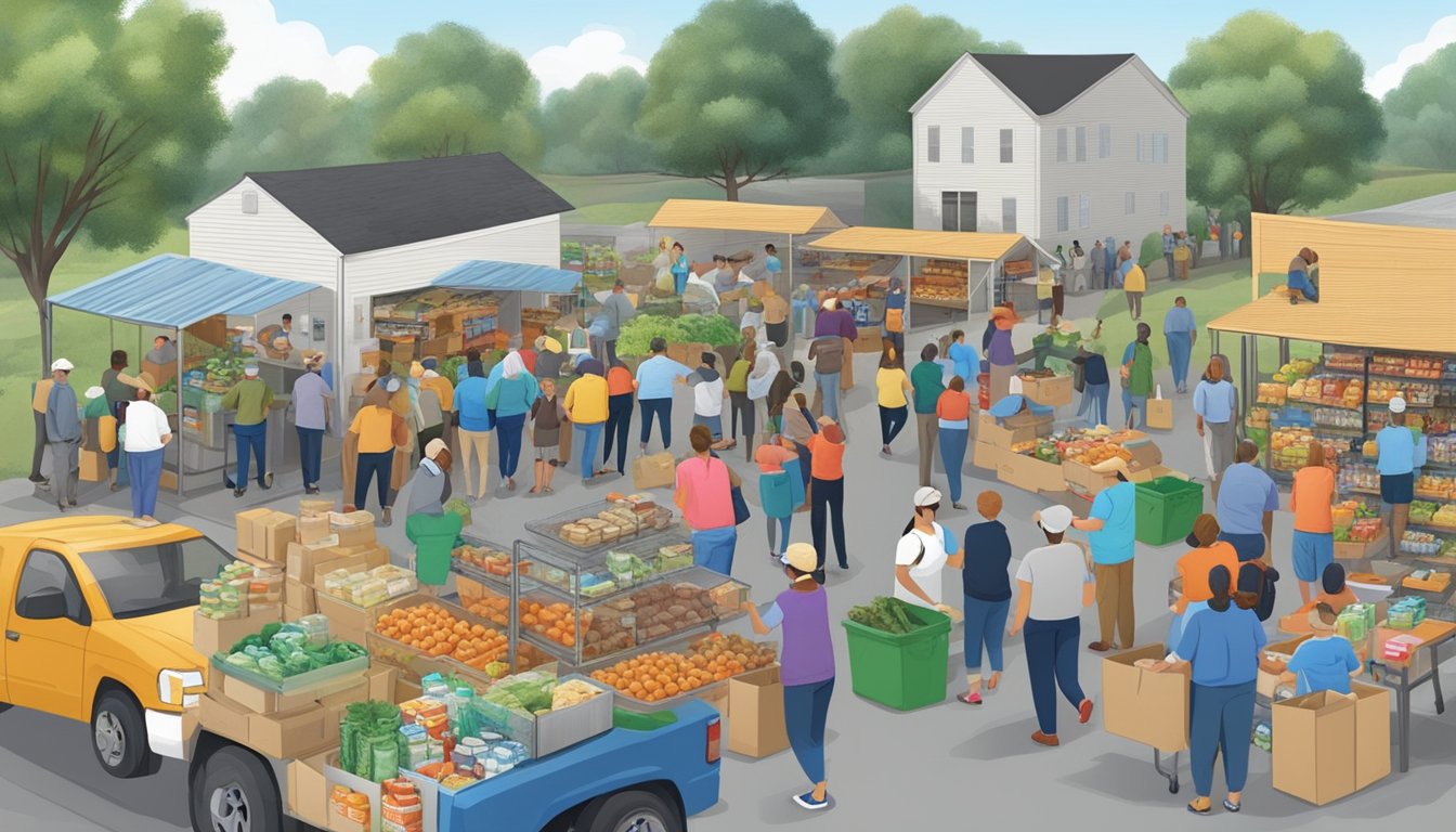 A bustling food pantry in Hopkins County, Texas, with volunteers distributing free groceries to those in need, surrounded by a supportive community