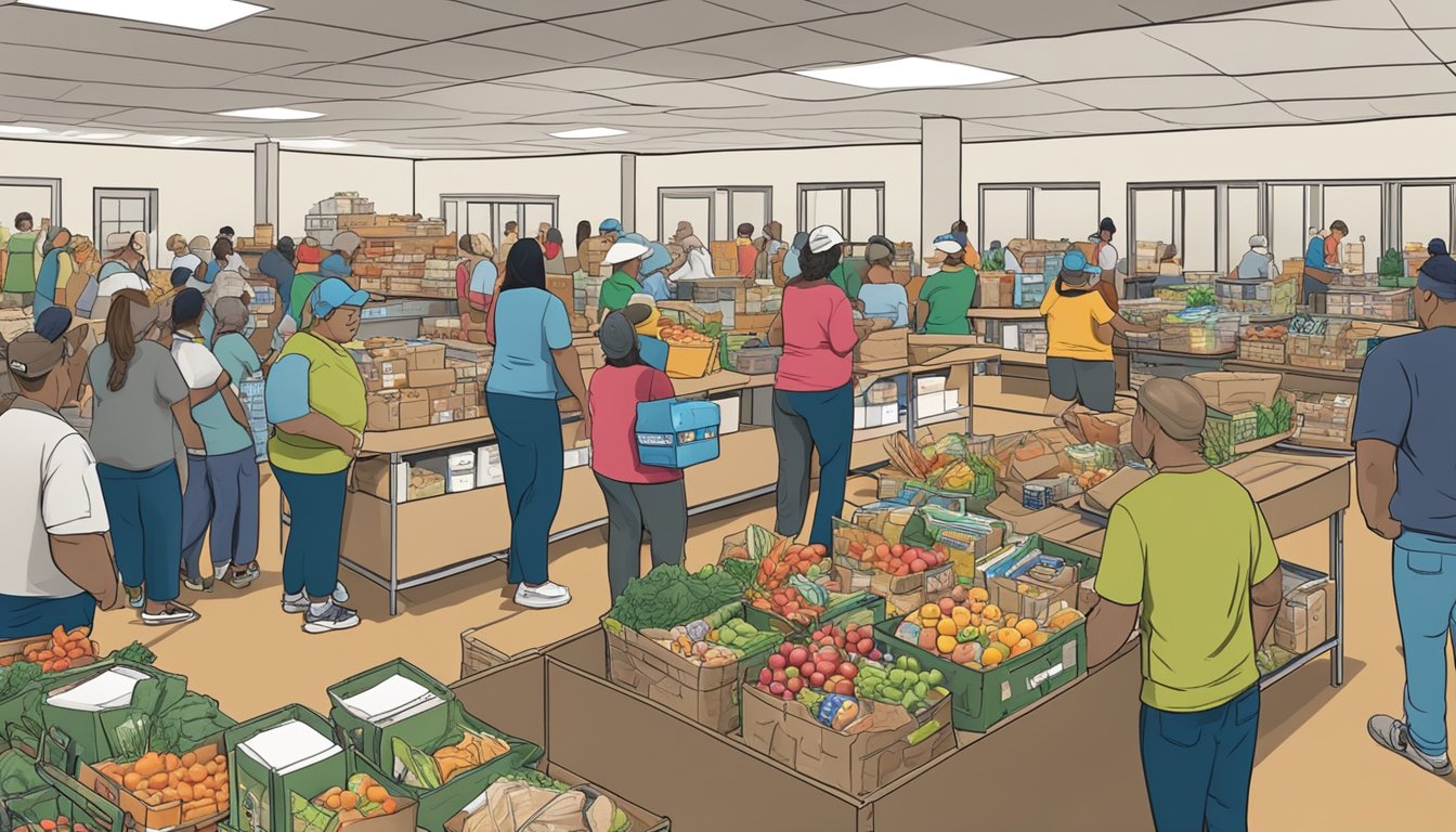 A bustling food pantry in Hunt County, Texas, with volunteers distributing free groceries to those in need