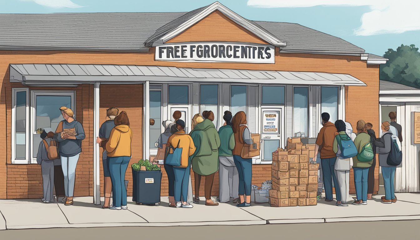 A line of people waits outside a small building with a sign reading "Hopkins County Free Groceries and Food Pantries." Volunteers hand out bags of groceries