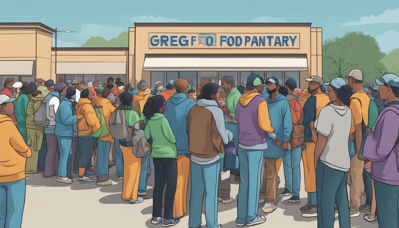 A line of people wait outside a food pantry in Gregg County, Texas. Volunteers hand out bags of groceries to those in need