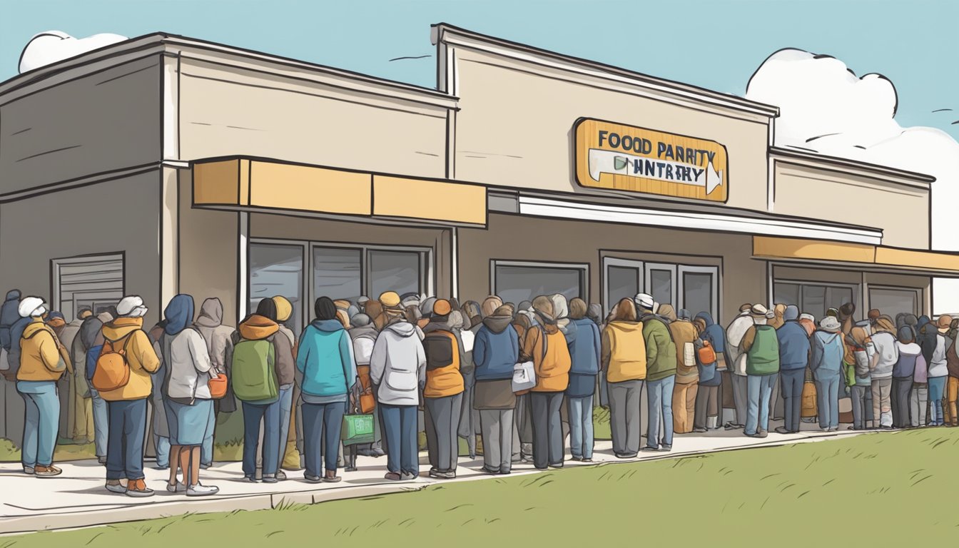 People lining up outside a food pantry in Hunt County, Texas. Volunteers handing out free groceries to those in need