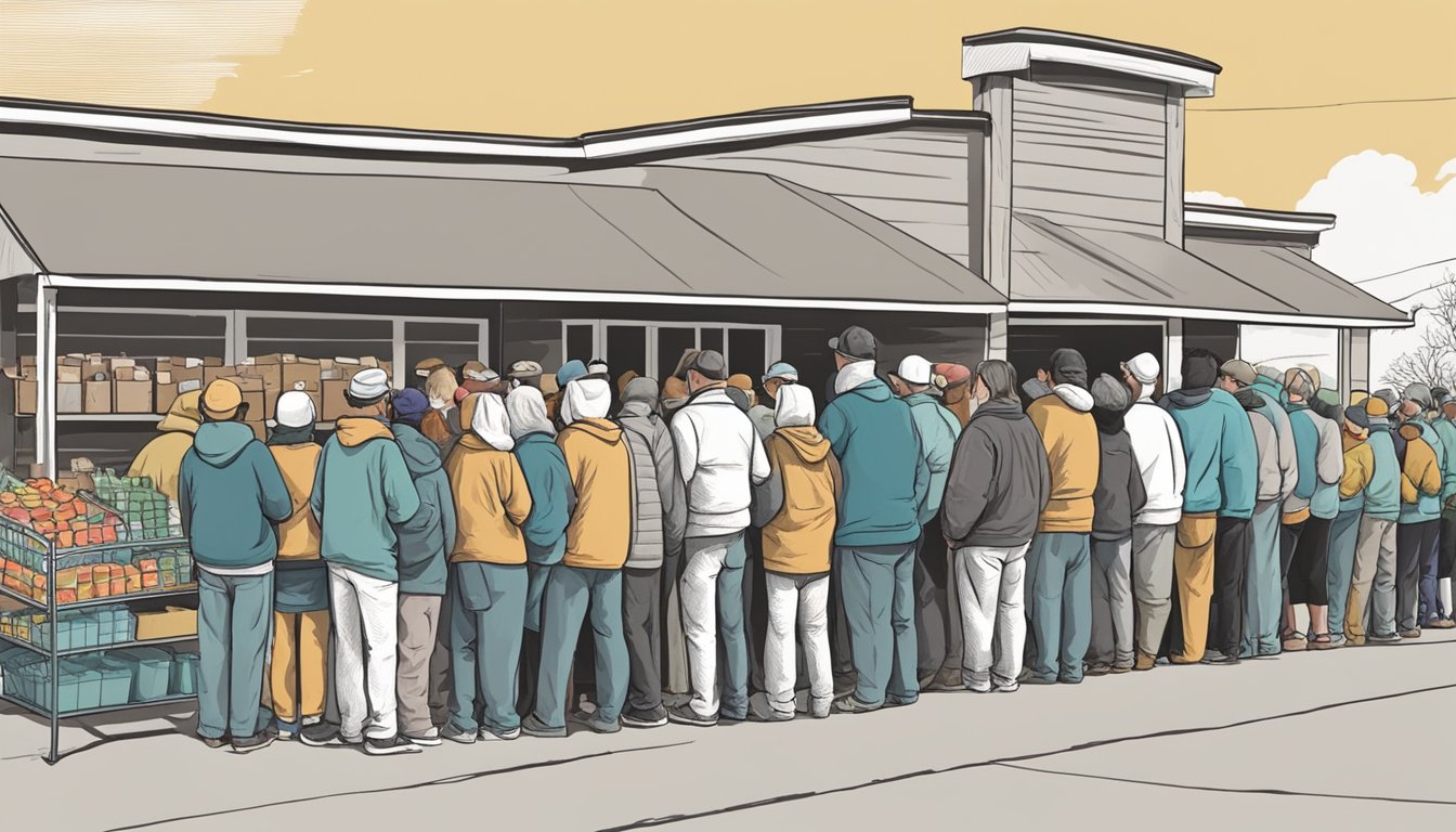 A line of people wait outside a food pantry in Hopkins County, Texas. Volunteers hand out free groceries to those in need