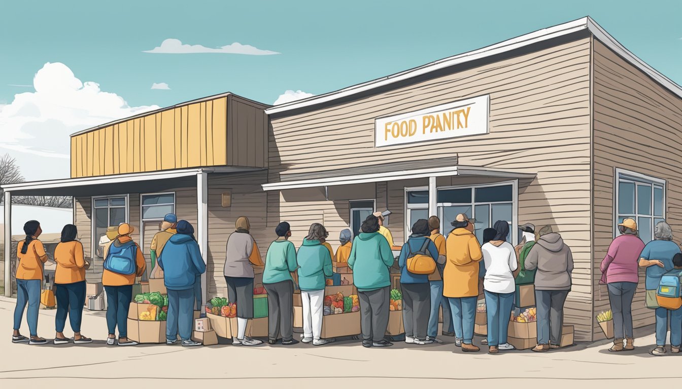 A line of people wait outside a food pantry in Hunt County, Texas. Volunteers distribute free groceries to those in need