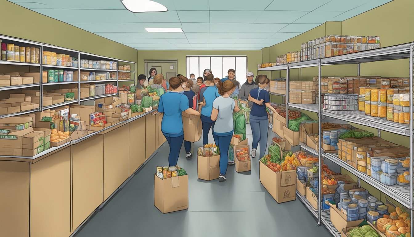 A bustling food pantry in Hunt County, Texas, with volunteers distributing free groceries to those in need