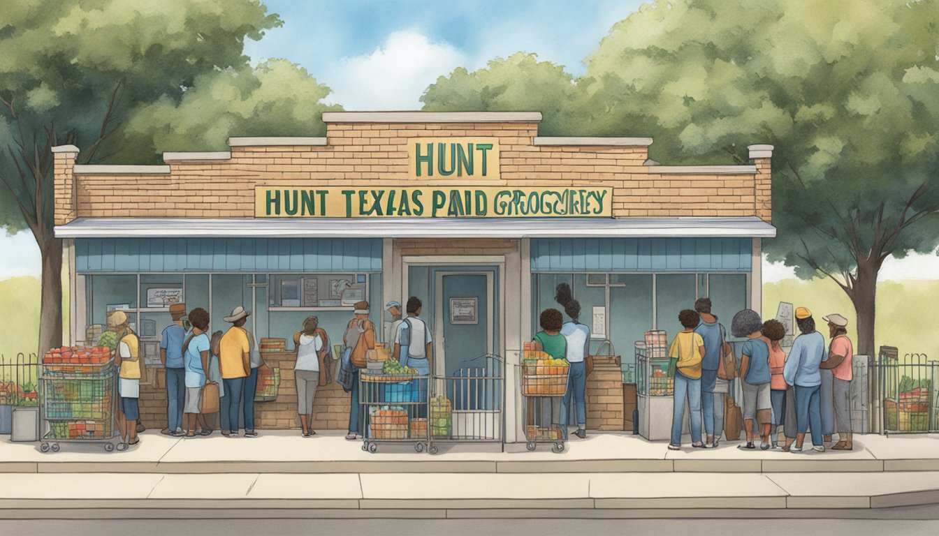 A line of people waiting outside a small building with a sign that reads "Hunt County Texas Free Groceries and Food Pantries."