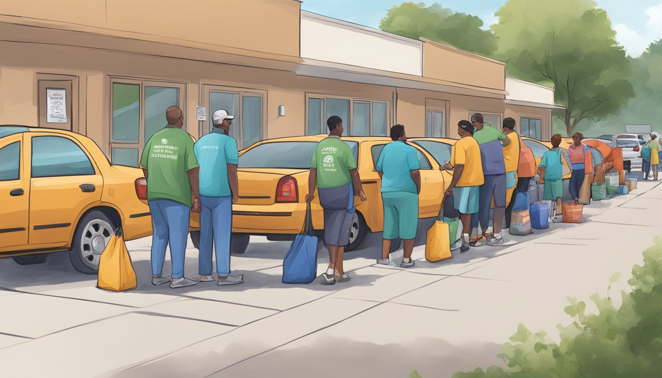 A line of cars waits outside a food pantry in Gregg County, Texas. Volunteers load groceries into trunks, while people with disabilities are assisted