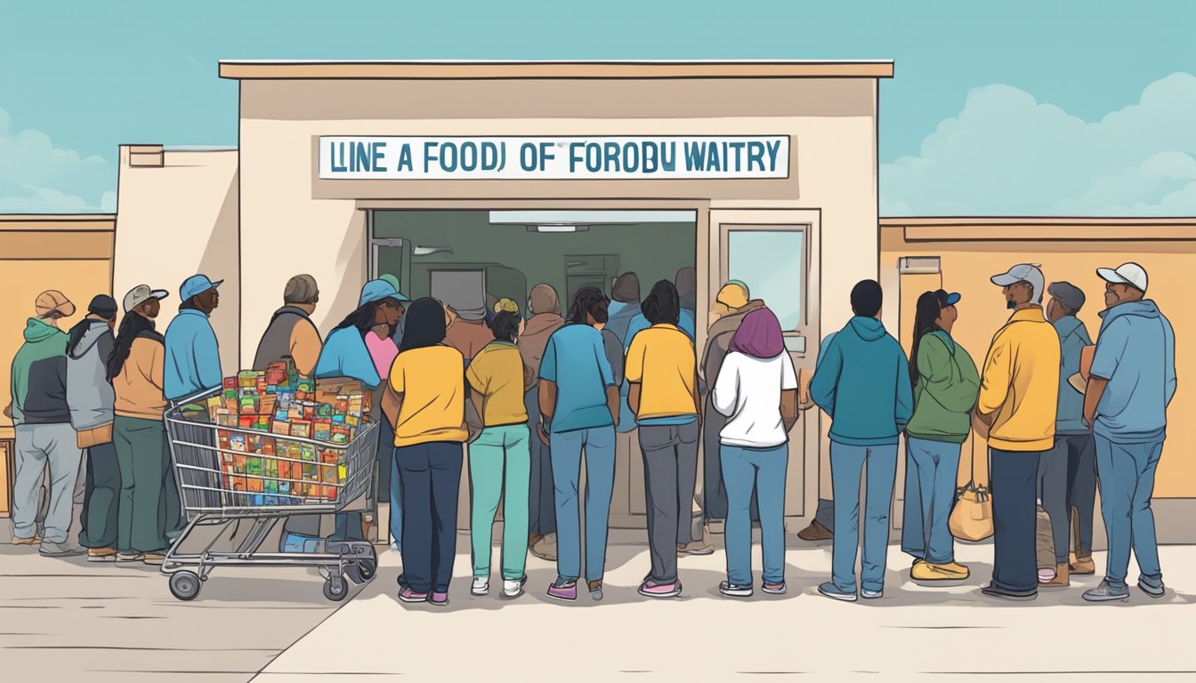 A line of people waits outside a food pantry in Hudspeth County, Texas, as volunteers hand out free groceries to those in need