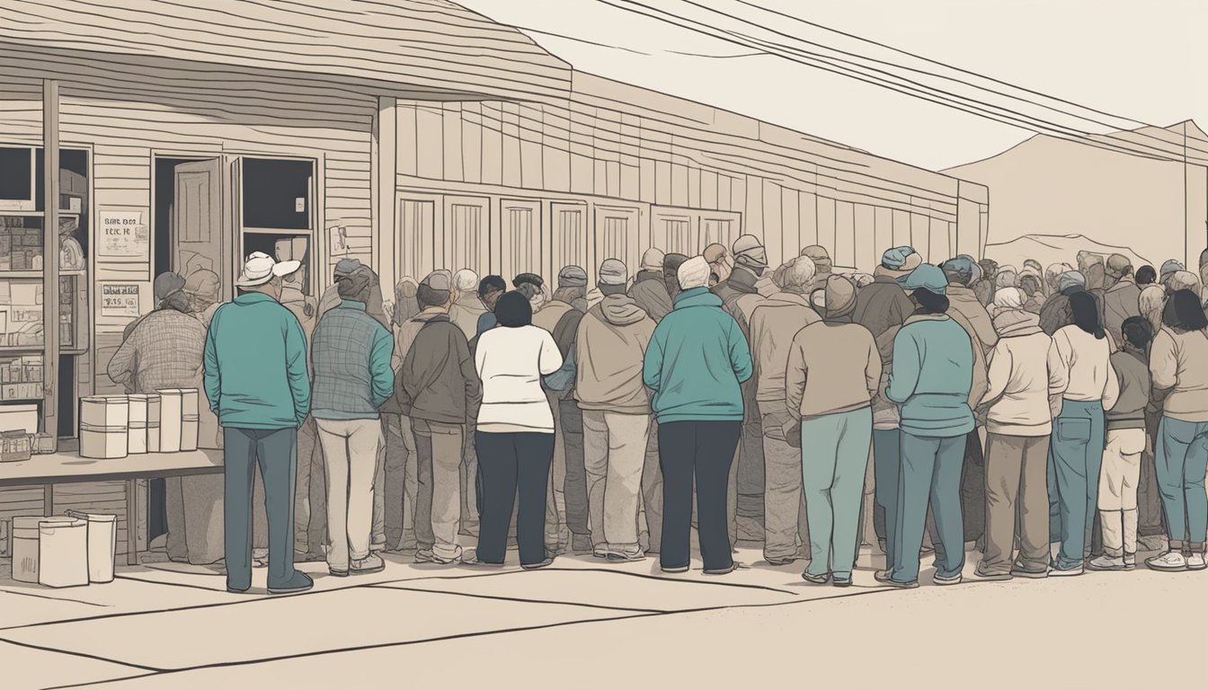 A line of people waits outside a food pantry in Hudspeth County, Texas, as volunteers distribute free groceries from federal and state food assistance programs