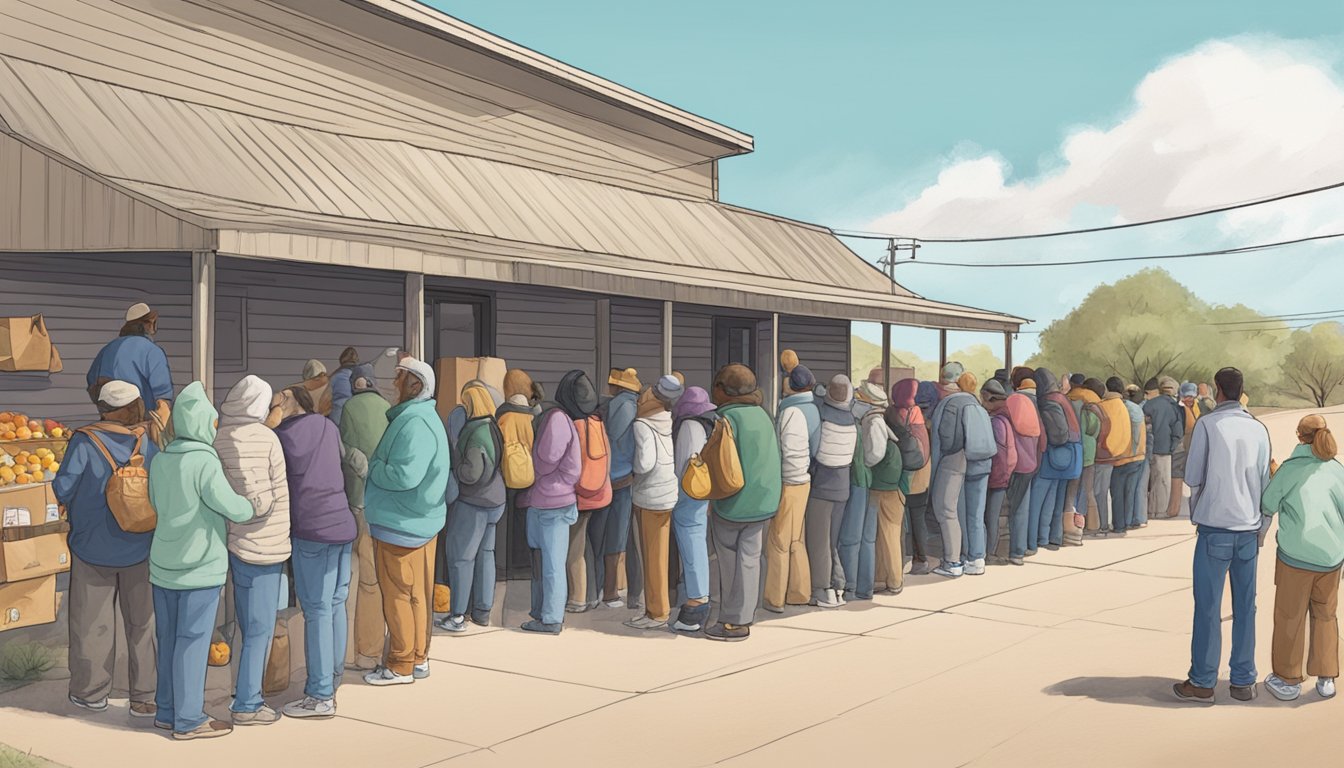 A line of people wait outside a food pantry in Hudspeth County, Texas. Volunteers hand out bags of groceries to those in need