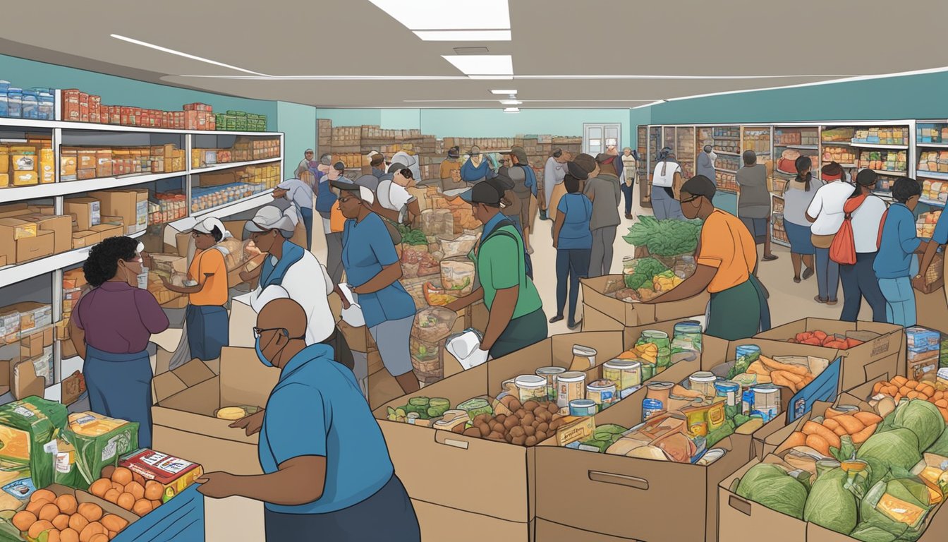 A bustling food pantry in Hale County, Texas, with volunteers distributing free groceries to those in need