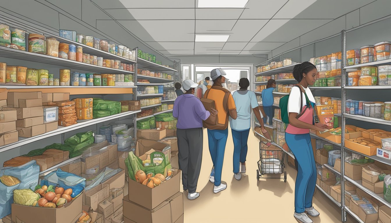 A bustling food pantry in Hale County, Texas, with volunteers distributing groceries to those in need