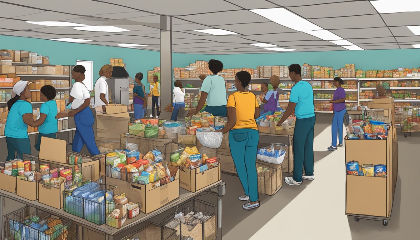 A bustling food pantry in Hale County, Texas, with volunteers distributing groceries to those in need