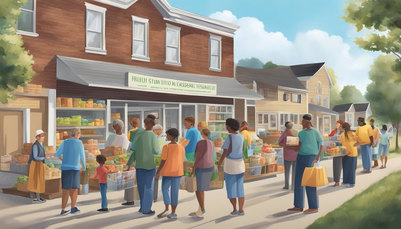 A small rural town with a line of people outside a food pantry, volunteers distributing groceries, and a sign advertising additional assistance services