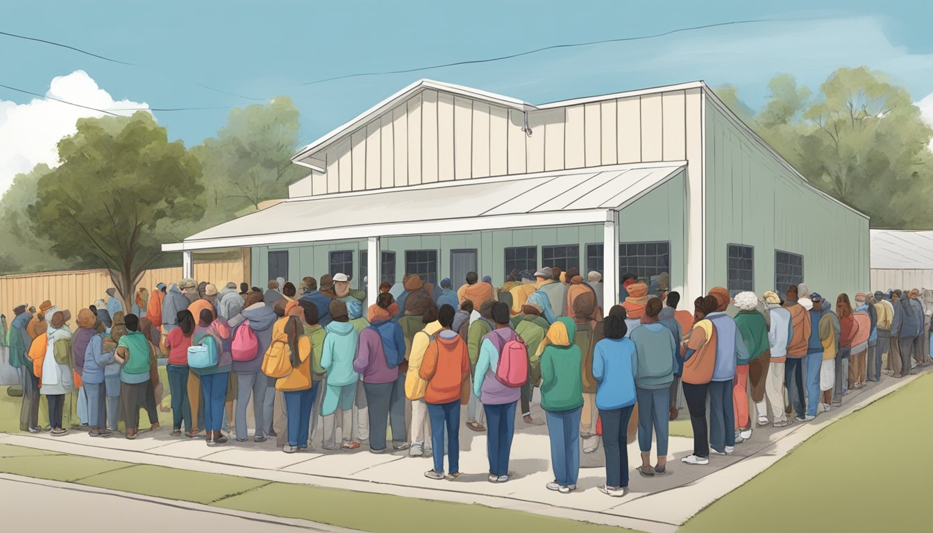 A line of people waiting outside a food pantry in Hale County, Texas, with volunteers distributing free groceries and food assistance to those in need