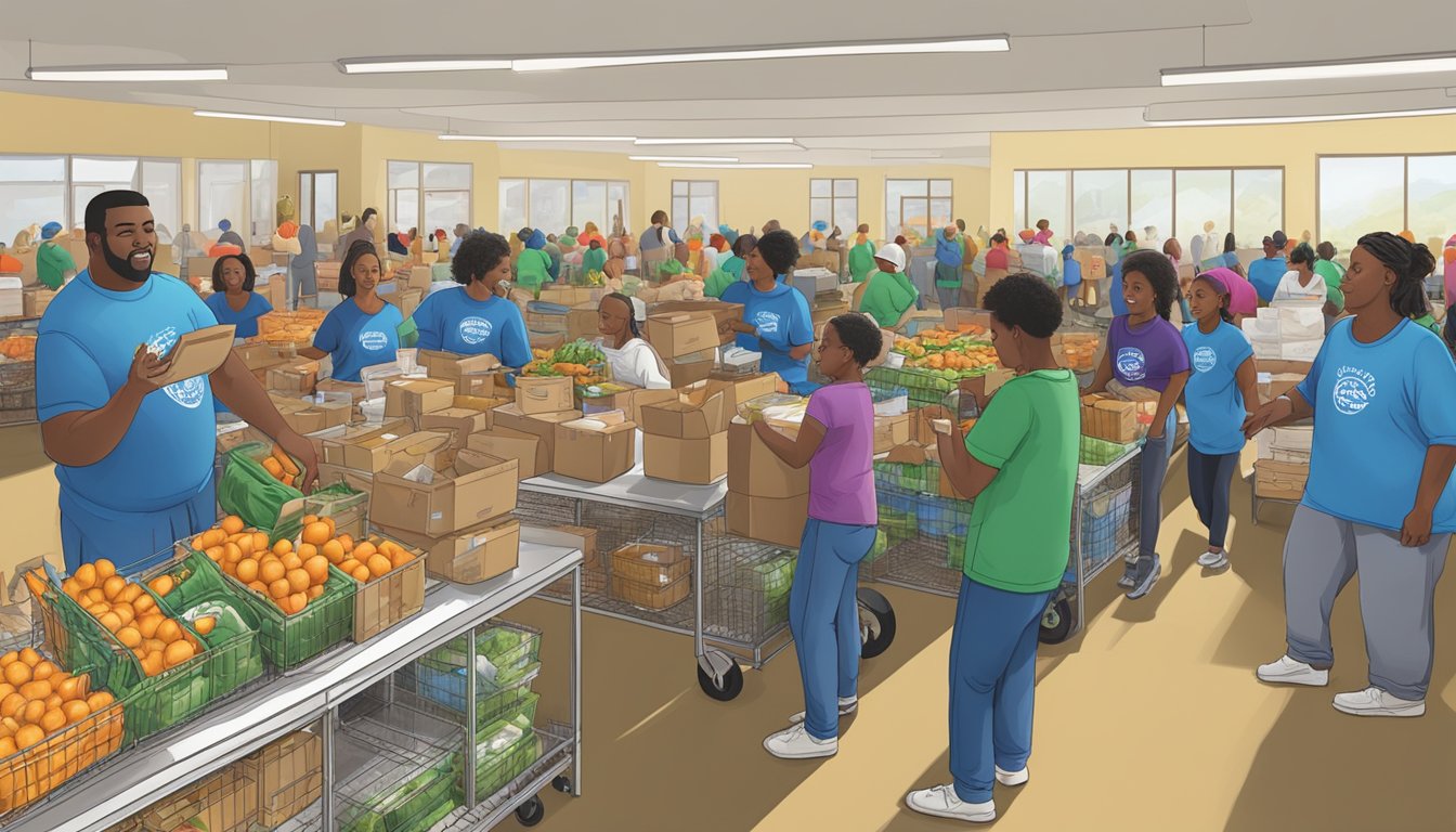 A bustling food bank in Hale County, Texas, with volunteers distributing free groceries to those in need