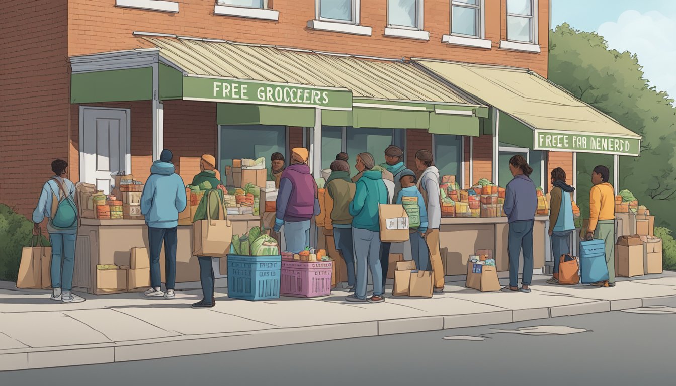 A line of people wait outside a food pantry, bags of groceries in hand. A sign advertises "Free groceries for those in need."