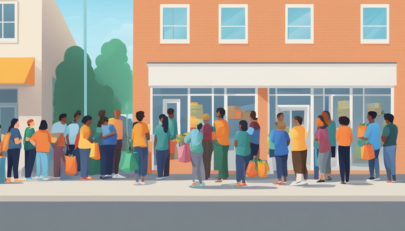 A line of people waiting outside a food pantry, with volunteers handing out bags of groceries and supplies