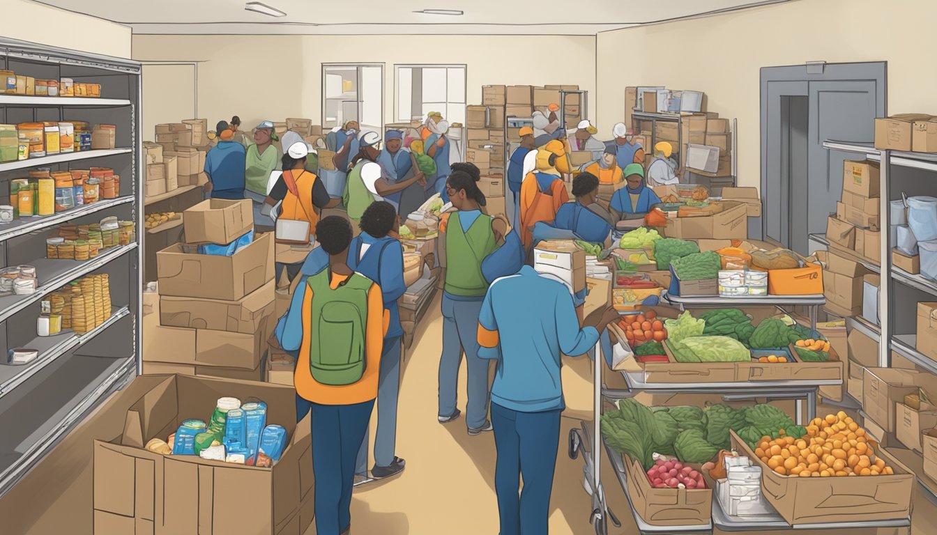 A bustling food pantry in Jackson County, Texas, with volunteers distributing free groceries to those in need