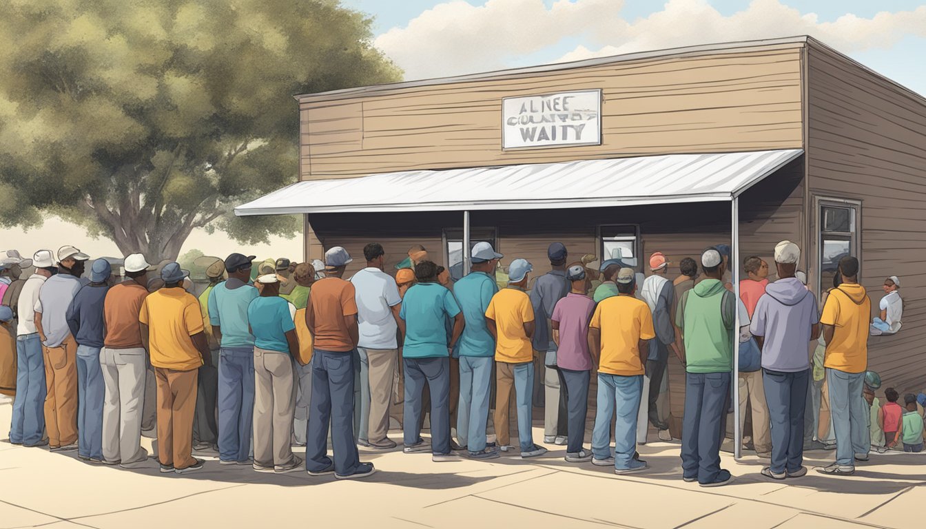 A line of people wait outside a small building in Irion County, Texas, where volunteers distribute free groceries and food to those in need