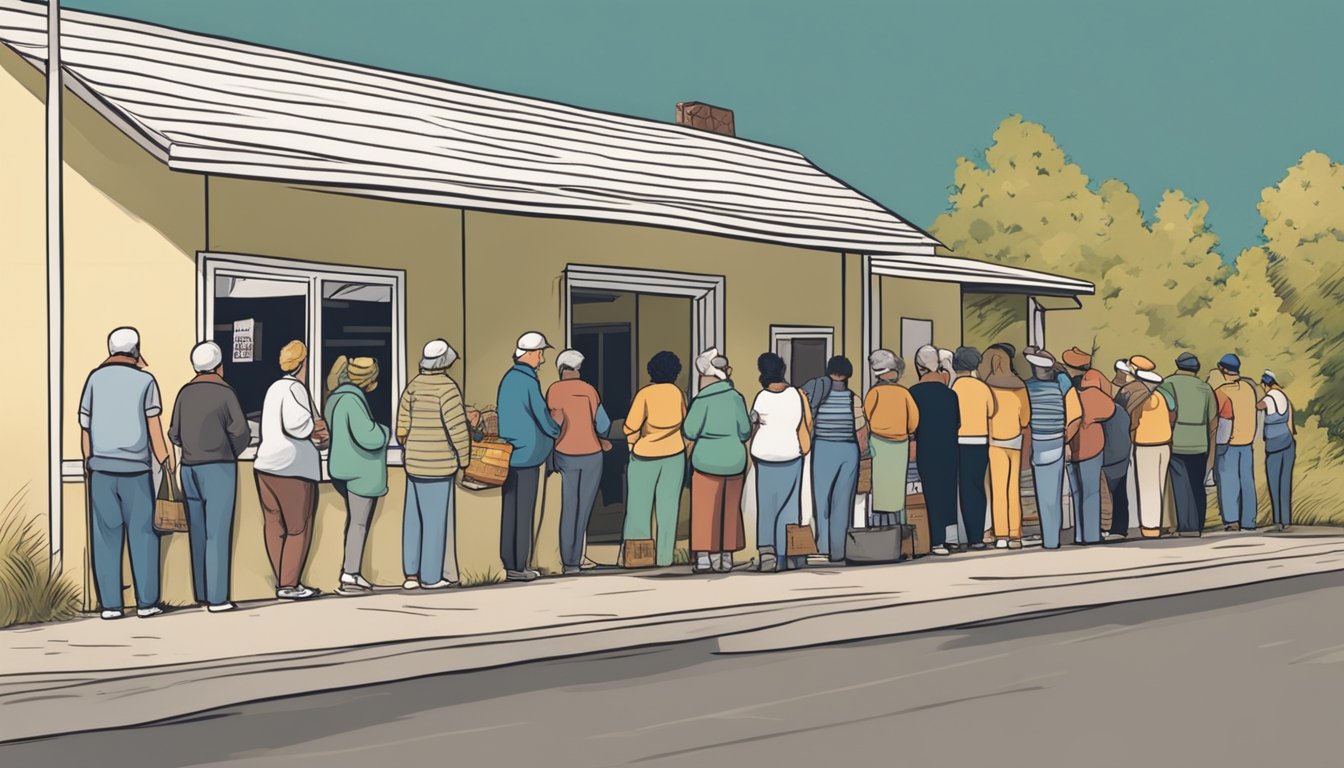 A line of people wait outside a small food pantry in a rural Texas town, receiving free groceries and food assistance