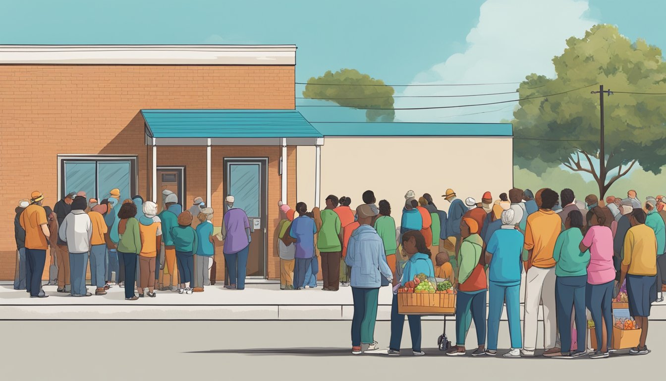 A line of people wait outside a food pantry in Jackson County, Texas, as volunteers distribute free groceries to those in need