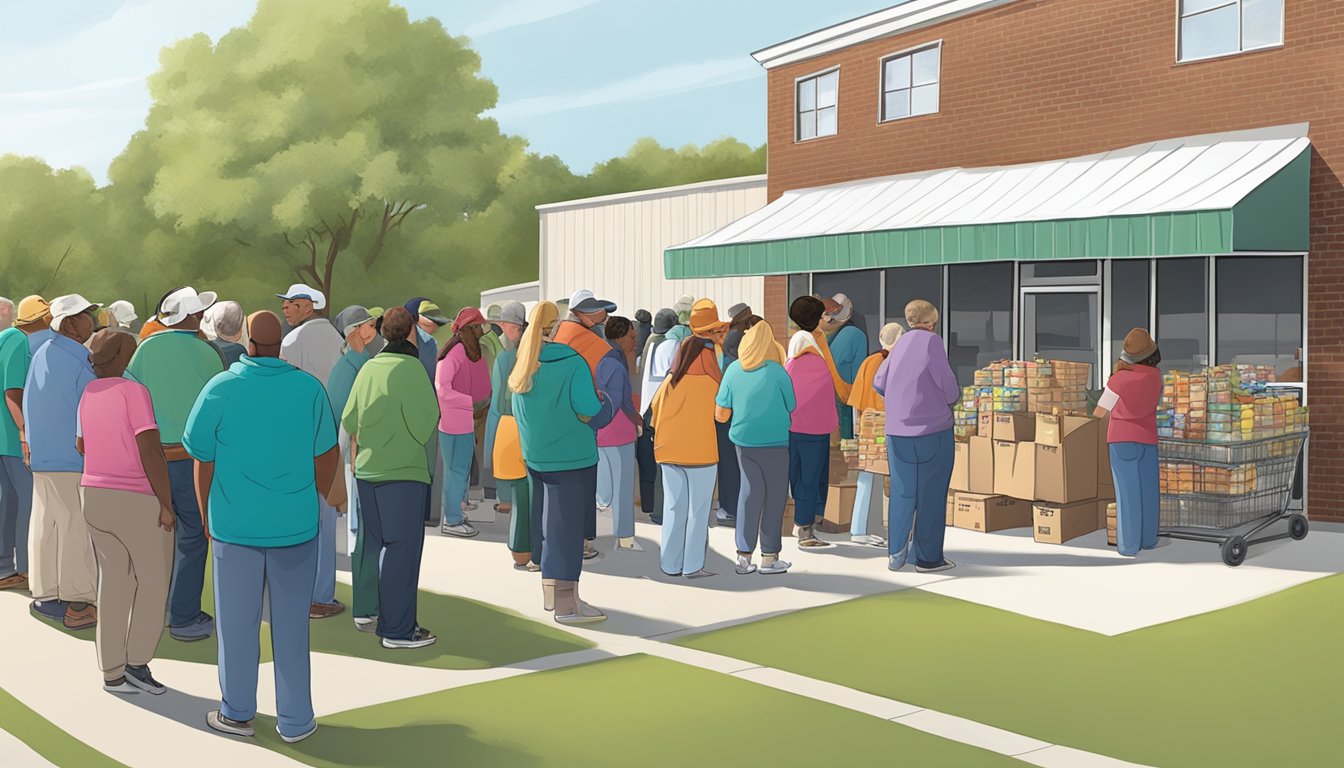 A line of people waits outside a food pantry, with volunteers distributing free groceries in Jackson County, Texas