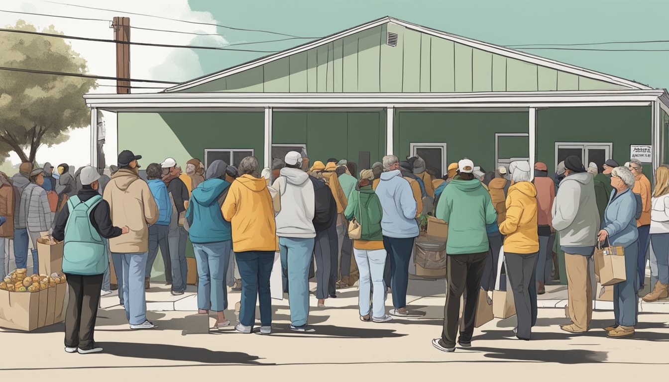 A line of people waiting outside a food pantry in Hansford County, Texas, with volunteers handing out free groceries and supplies to those in need