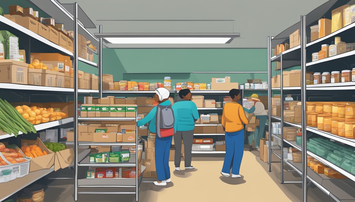 A bustling food pantry in Hansford County, Texas, with shelves stocked full of free groceries and volunteers assisting those in need