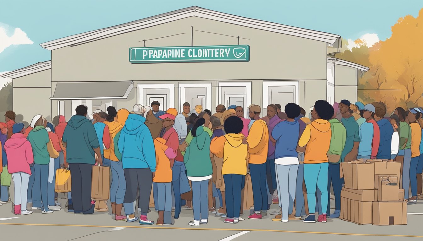 A line of people waiting outside a food pantry in Jackson County, Texas, with volunteers distributing free groceries to those in need