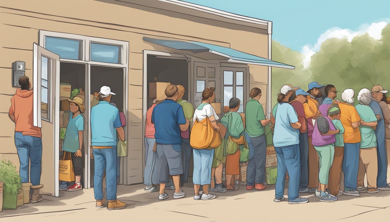 A line of people waiting outside a food pantry in Hansford County, Texas, with volunteers handing out free groceries