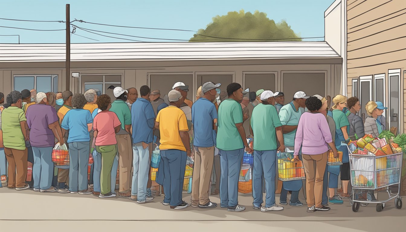 A line of people waits outside a food pantry in Jackson County, Texas, as volunteers hand out free groceries to those in need