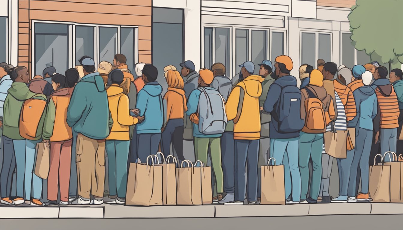 A line of people waiting outside a food pantry, with volunteers handing out bags of groceries to those in need