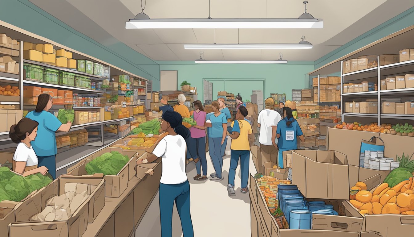 A bustling food pantry in Hansford County, Texas, with volunteers distributing free groceries to those in need