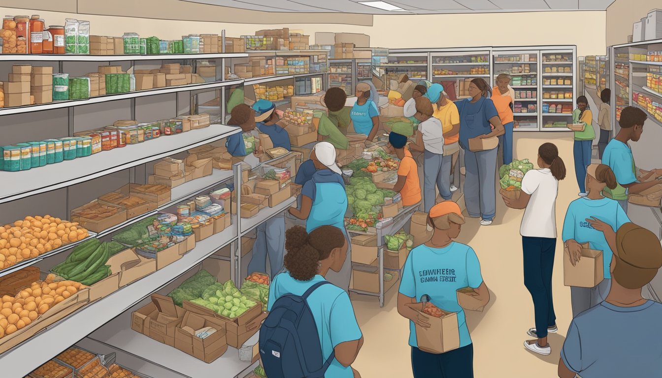 A bustling food pantry in Jackson County, Texas, with volunteers distributing free groceries to those in need