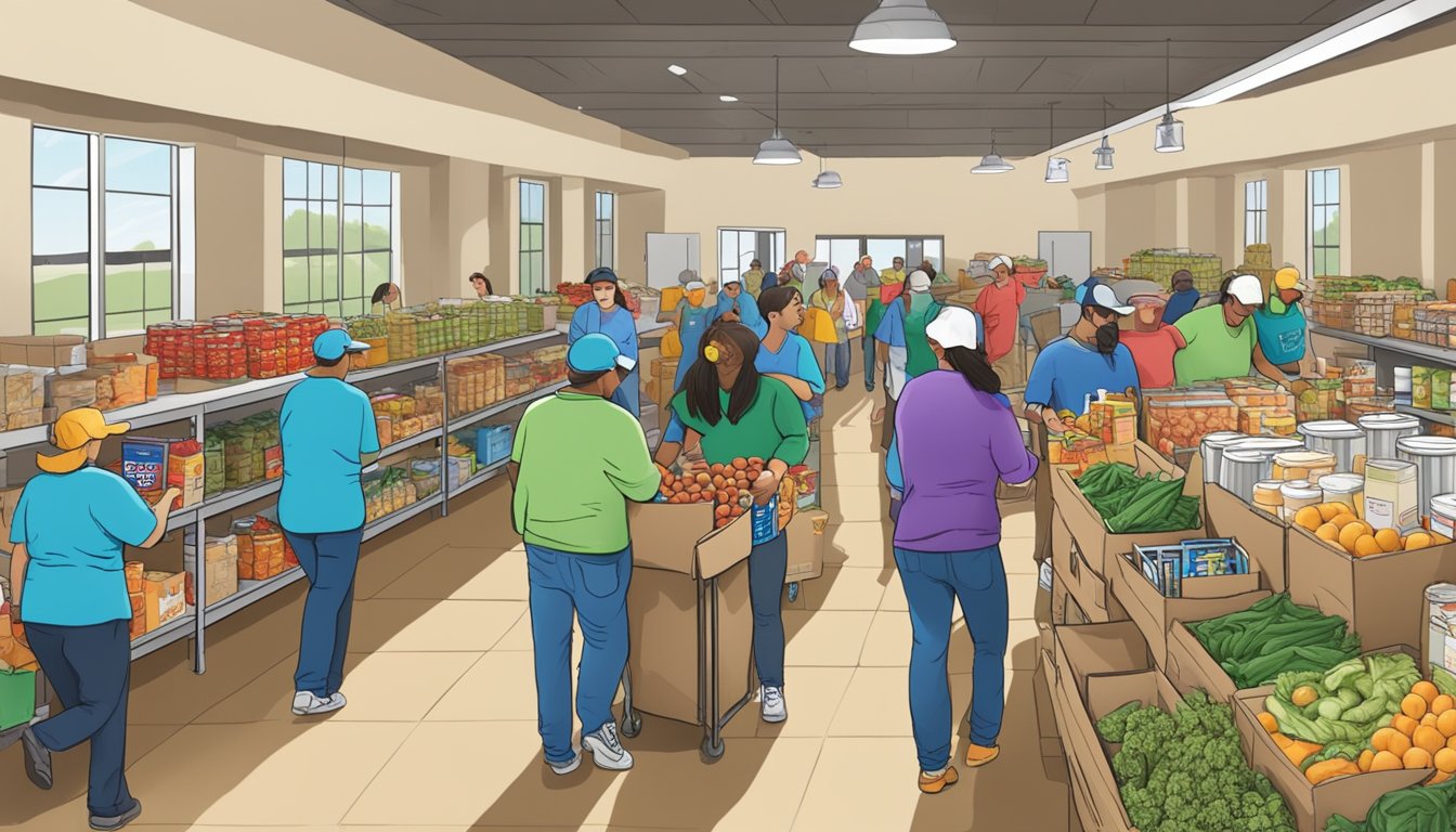 A bustling food pantry in Hansford County, Texas, with volunteers distributing free groceries to those in need