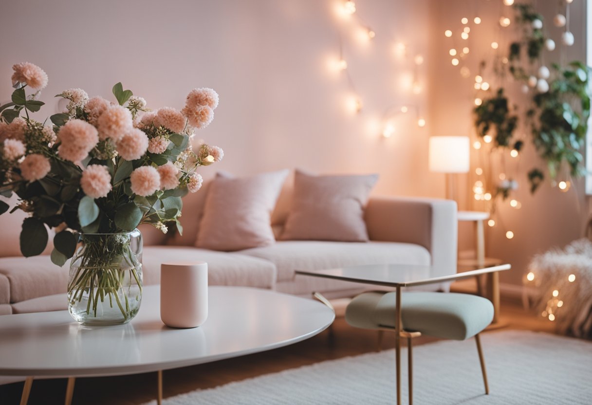 A cozy, pastel-colored apartment with floral decor, fairy lights, and plush furniture