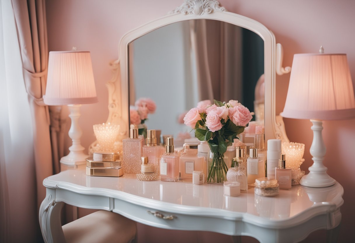 A cozy, pastel-colored apartment filled with plush pillows, frilly curtains, and floral decorations. A vintage vanity table with a mirror and a collection of perfumes completes the girly aesthetic