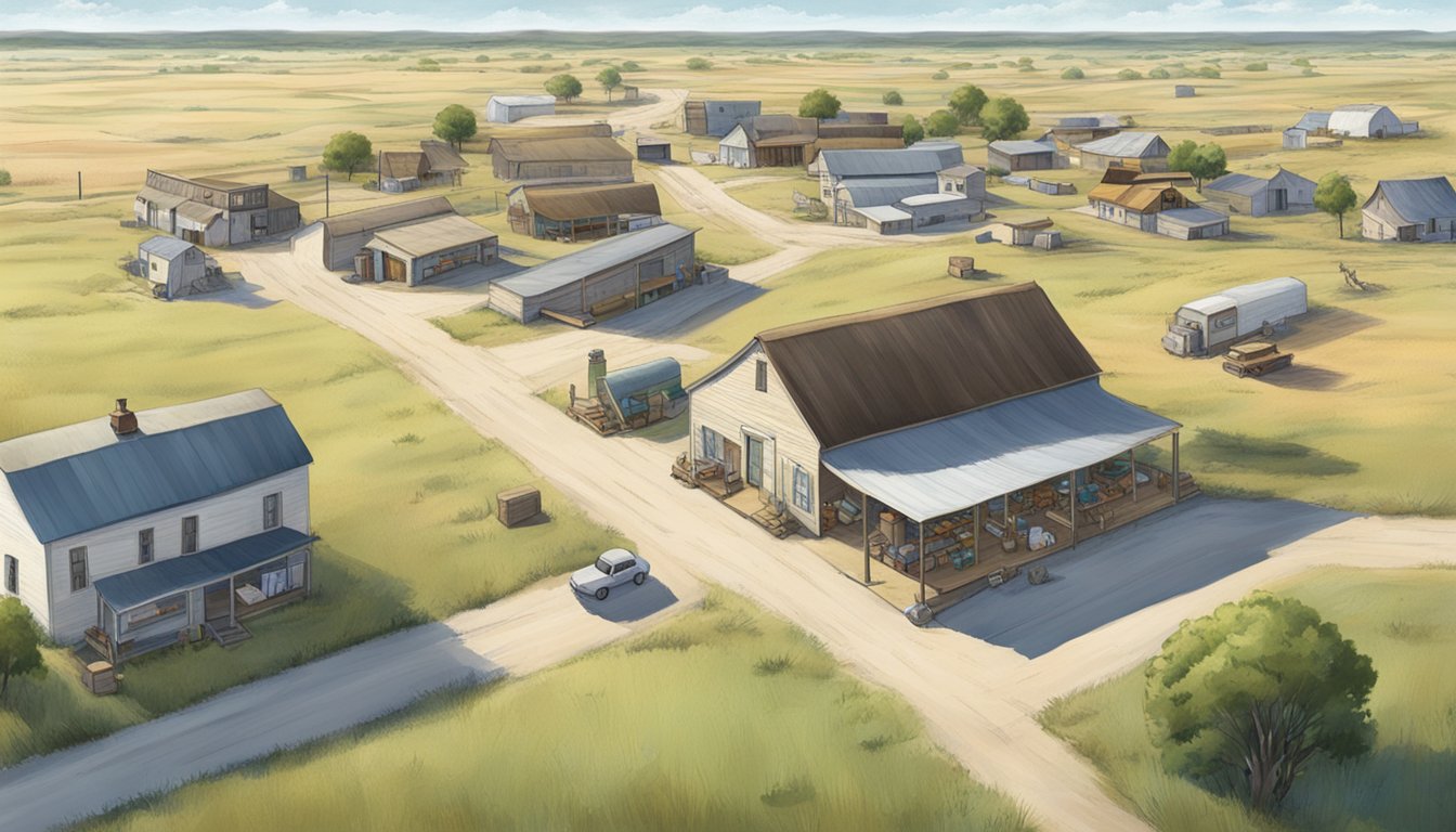 A small rural town with a few scattered buildings, surrounded by vast Texas plains, with a sign listing "Food Pantries and Banks for those in need."