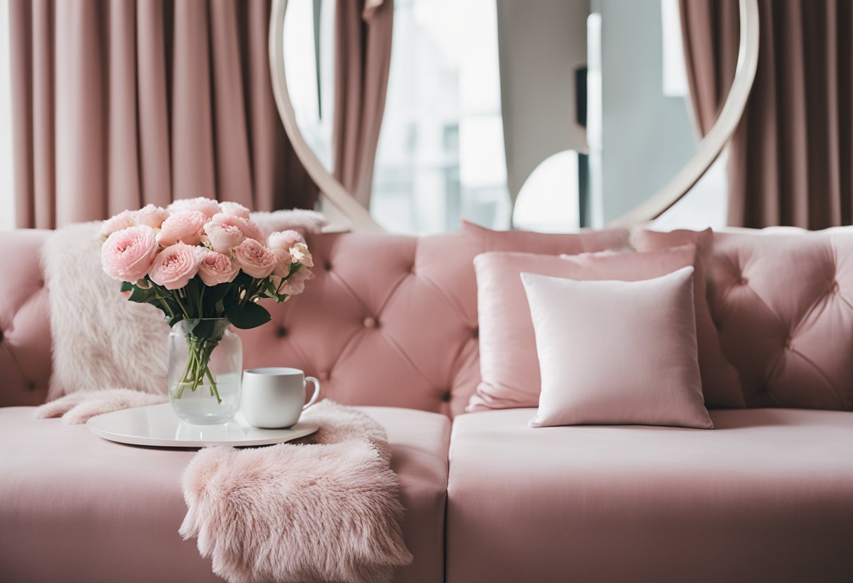 A cozy pink couch, fluffy pastel throw pillows, and a dainty vanity with a mirror and fresh flowers