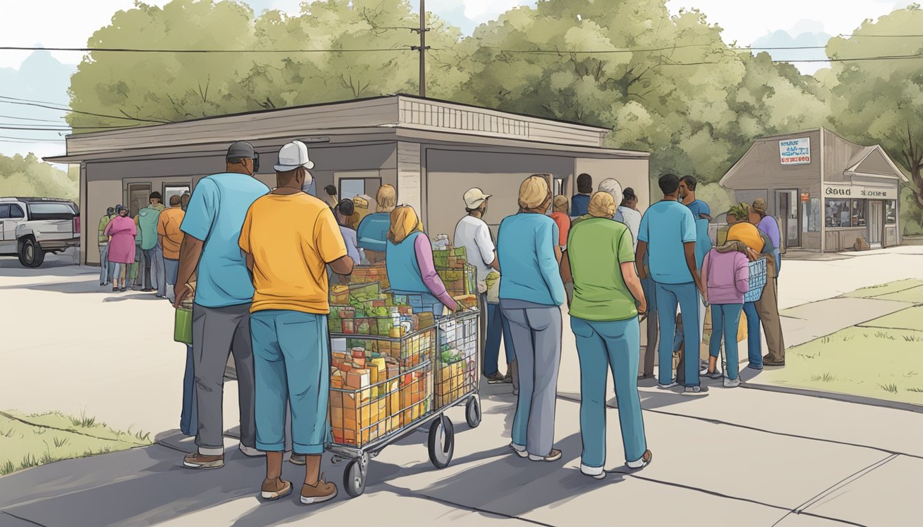 A line of people waits outside a food pantry in Irion County, Texas. Volunteers hand out groceries to those in need